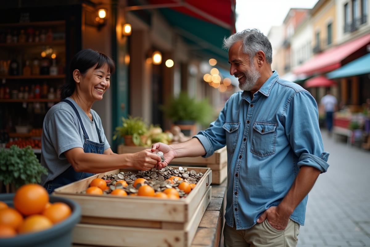 Homme échangeant des pièces au marché en plein air