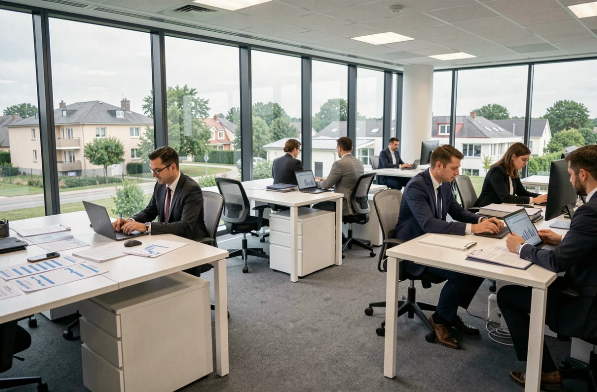 Vue panoramique d'un cabinet comptable moderne en Essonne avec des professionnels au travail