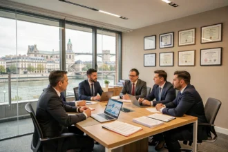 Vue d'ensemble d'un cabinet de courtage en assurance dans le Rhône avec des professionnels en réunion