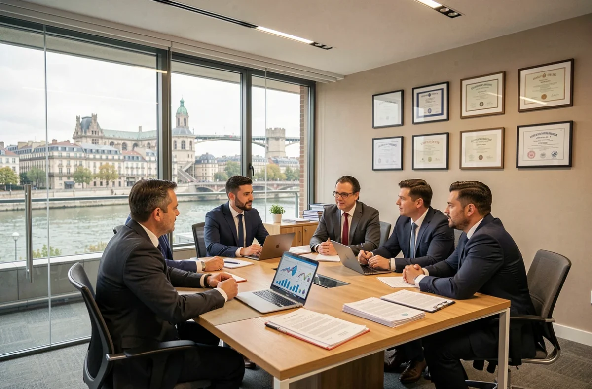 Vue d'ensemble d'un cabinet de courtage en assurance dans le Rhône avec des professionnels en réunion