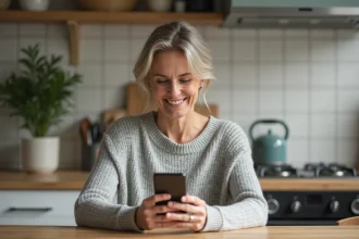 Mère de famille gérant l'Espace Nickel de son foyer sur smartphone dans une cuisine moderne