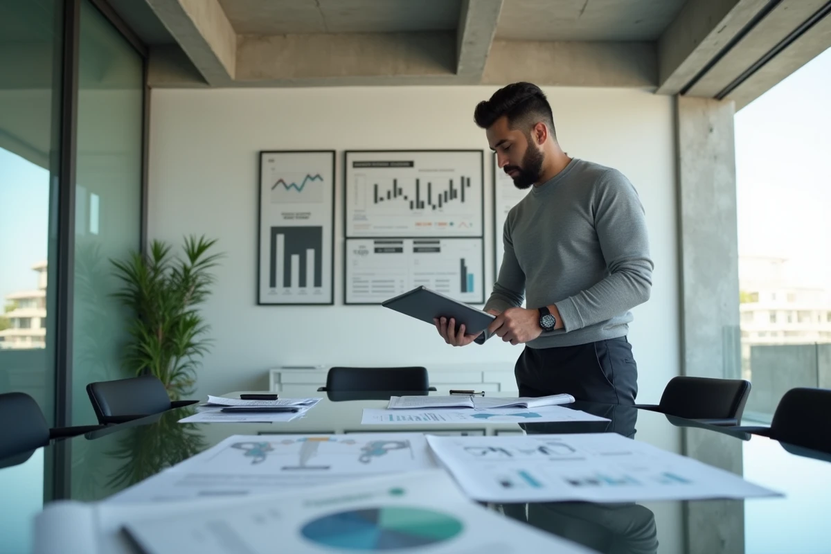 Homme d'affaires analysant des documents financiers et des investissements sur une table de conférence moderne