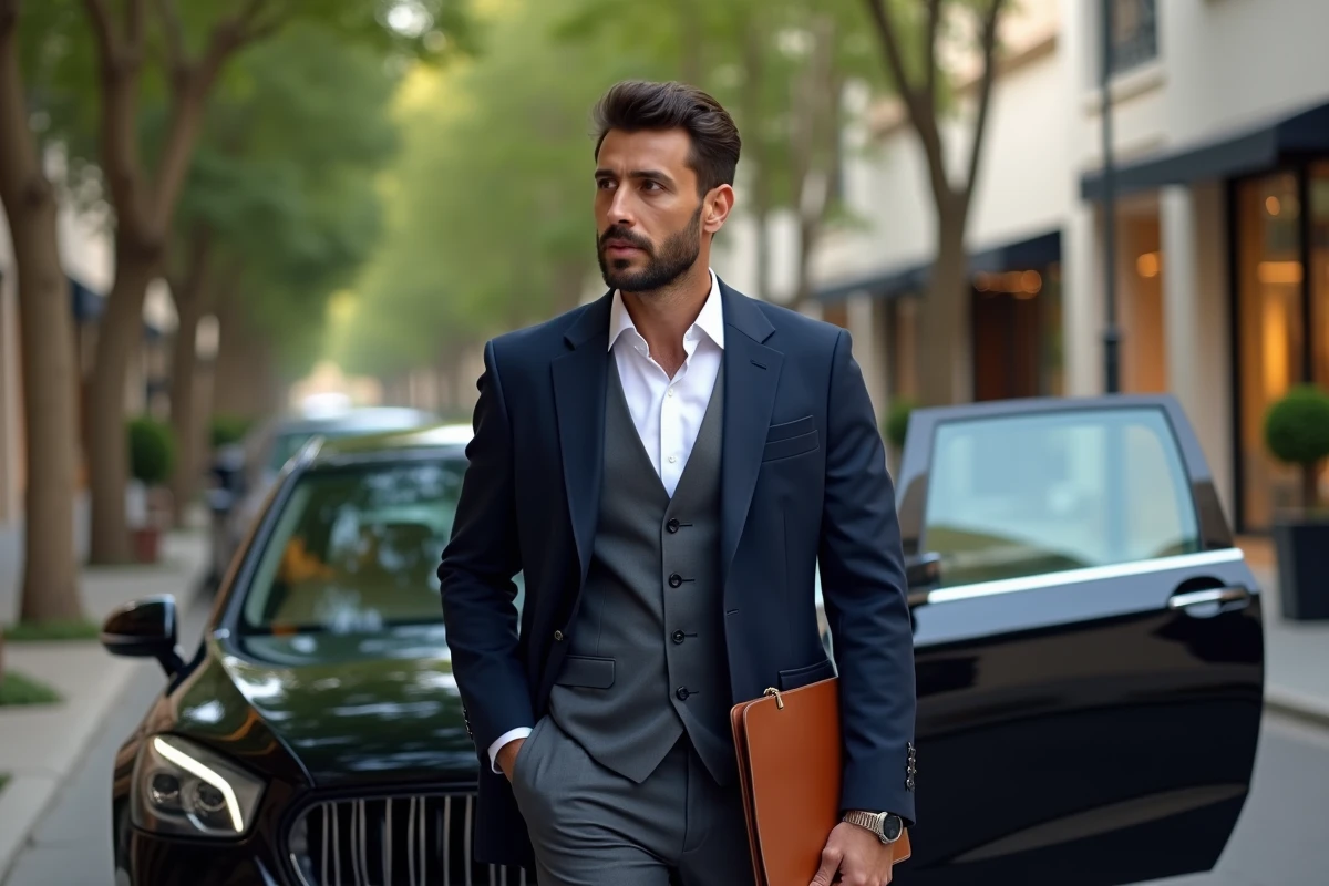Homme d'affaires élégant sortant d'une berline de luxe dans un quartier urbain huppé avec portfolio en cuir