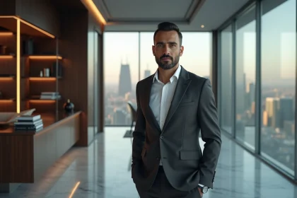 Portrait d'un homme d'affaires fortuné en costume sur mesure dans un bureau penthouse avec vue sur la ville