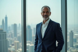 Homme d'affaires du Moyen-Orient en costume bleu marine dans un bureau moderne avec vue panoramique sur la ville, illustrant la fortune et le patrimoine de Nasser Al-Khelaïfi