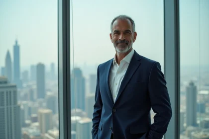 Homme d'affaires du Moyen-Orient en costume bleu marine dans un bureau moderne avec vue panoramique sur la ville, illustrant la fortune et le patrimoine de Nasser Al-Khelaïfi
