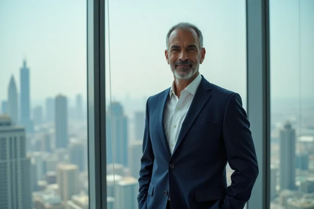Homme d'affaires du Moyen-Orient en costume bleu marine dans un bureau moderne avec vue panoramique sur la ville, illustrant la fortune et le patrimoine de Nasser Al-Khelaïfi
