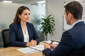 Une employée en blazer marine négocie ses heures de travail avec son manager dans un bureau professionnel, documents sur la table