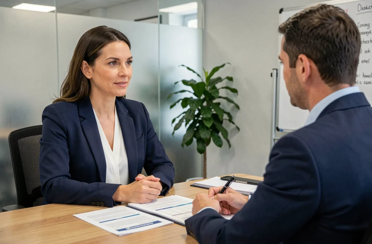 Une employée en blazer marine négocie ses heures de travail avec son manager dans un bureau professionnel, documents sur la table