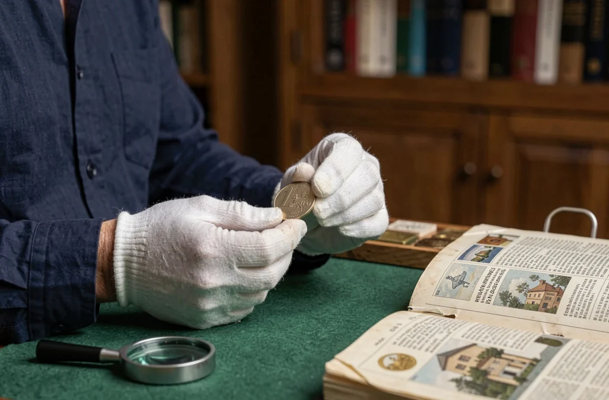 Numismate en gants blancs examinant une pièce de 2 euros rare avec une loupe sur tapis vert