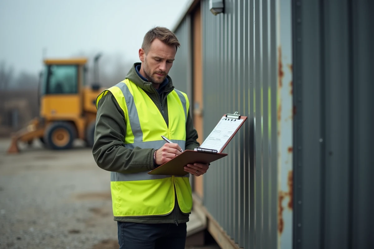 Ouvrier intérimaire vérifiant son relevé d'heures en centièmes sur un chantier industriel