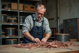 Homme en salopette triant des câbles en cuivre dans un atelier industriel