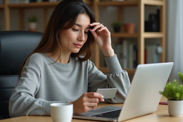 Femme effectuant un paiement en ligne sur son ordinateur portable avec une carte bancaire, dans un bureau à domicile moderne