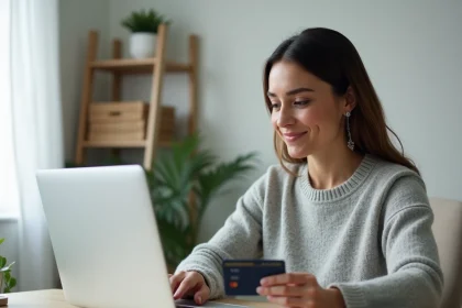 Femme effectuant un paiement en ligne sur le site de l'URSSAF avec une carte bancaire depuis son bureau à domicile