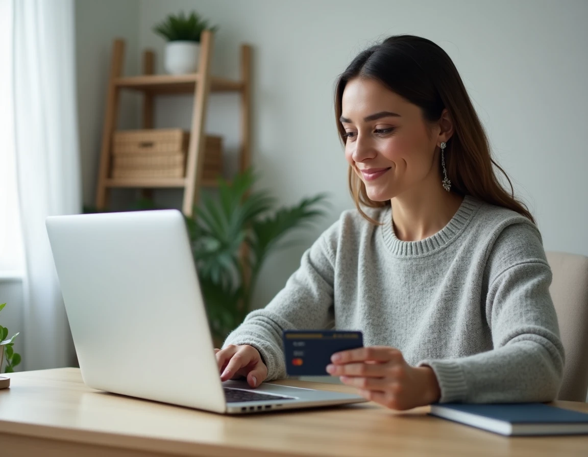 Femme effectuant un paiement en ligne sur le site de l'URSSAF avec une carte bancaire depuis son bureau à domicile