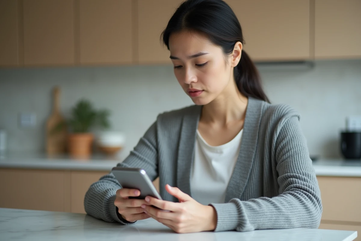 Femme consultant une application bancaire Cyberplus en panne sur son smartphone dans une cuisine moderne