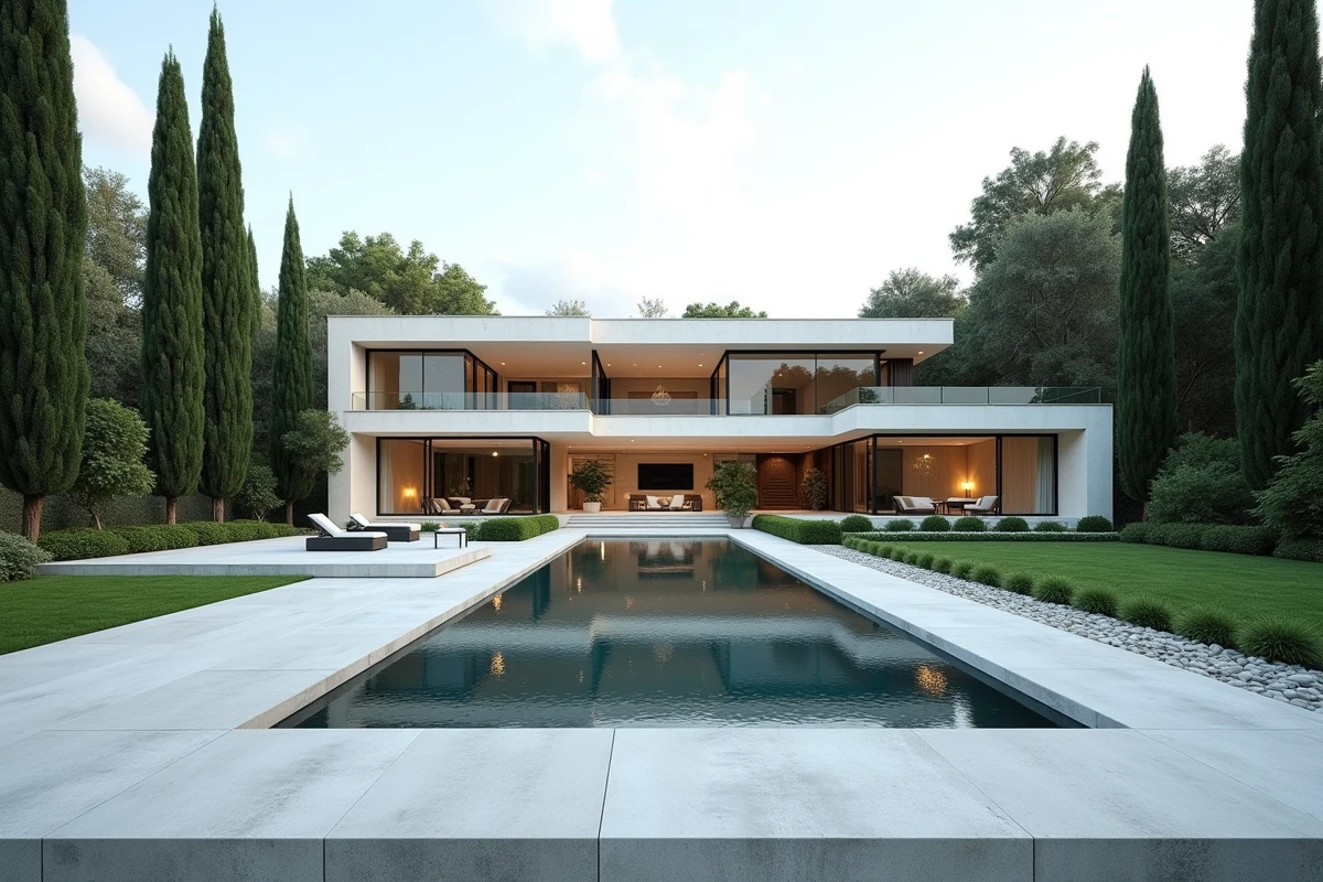 Villa de luxe contemporaine avec piscine à débordement et jardins soignés représentant l'immobilier et le patrimoine immobilier de Nasser Al-Khelaïfi