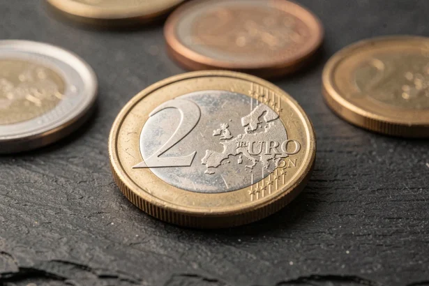 Pièce de 2 euros rare en gros plan sur ardoise sombre, tirage limité de collection