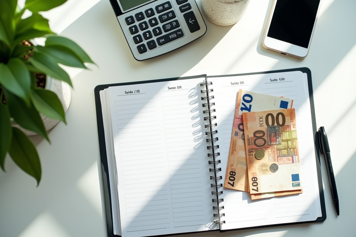 Portefeuille ouvert avec billets euros et dollars sur un bureau lumineux
