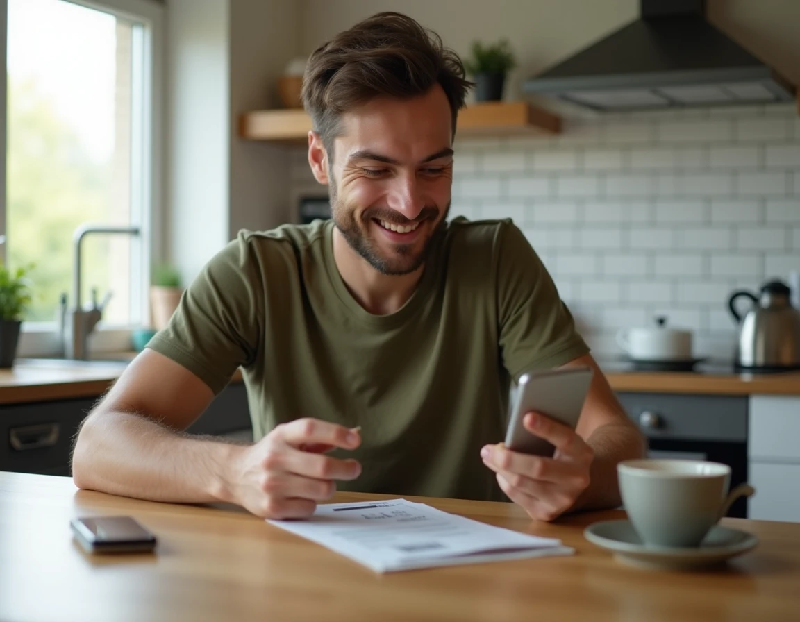 Homme configurant un prélèvement automatique URSSAF sur smartphone depuis sa cuisine avec des factures posées sur la table