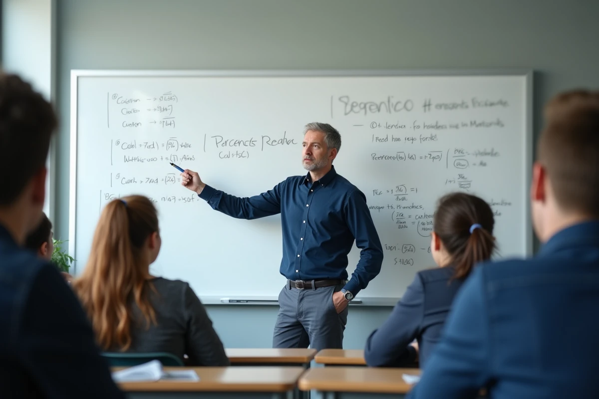 Professeur expliquant la formule du taux d'évolution au tableau blanc dans une salle de classe moderne