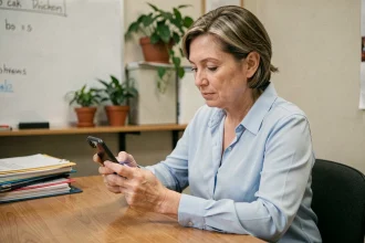 Professeure consultant son application bancaire pour vérifier la date de virement de son salaire de janvier 2026