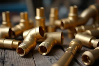 Raccords en laiton plomberie de différentes tailles et formes disposés sur une table d'atelier en bois, montrant les détails d'usinage et le filetage