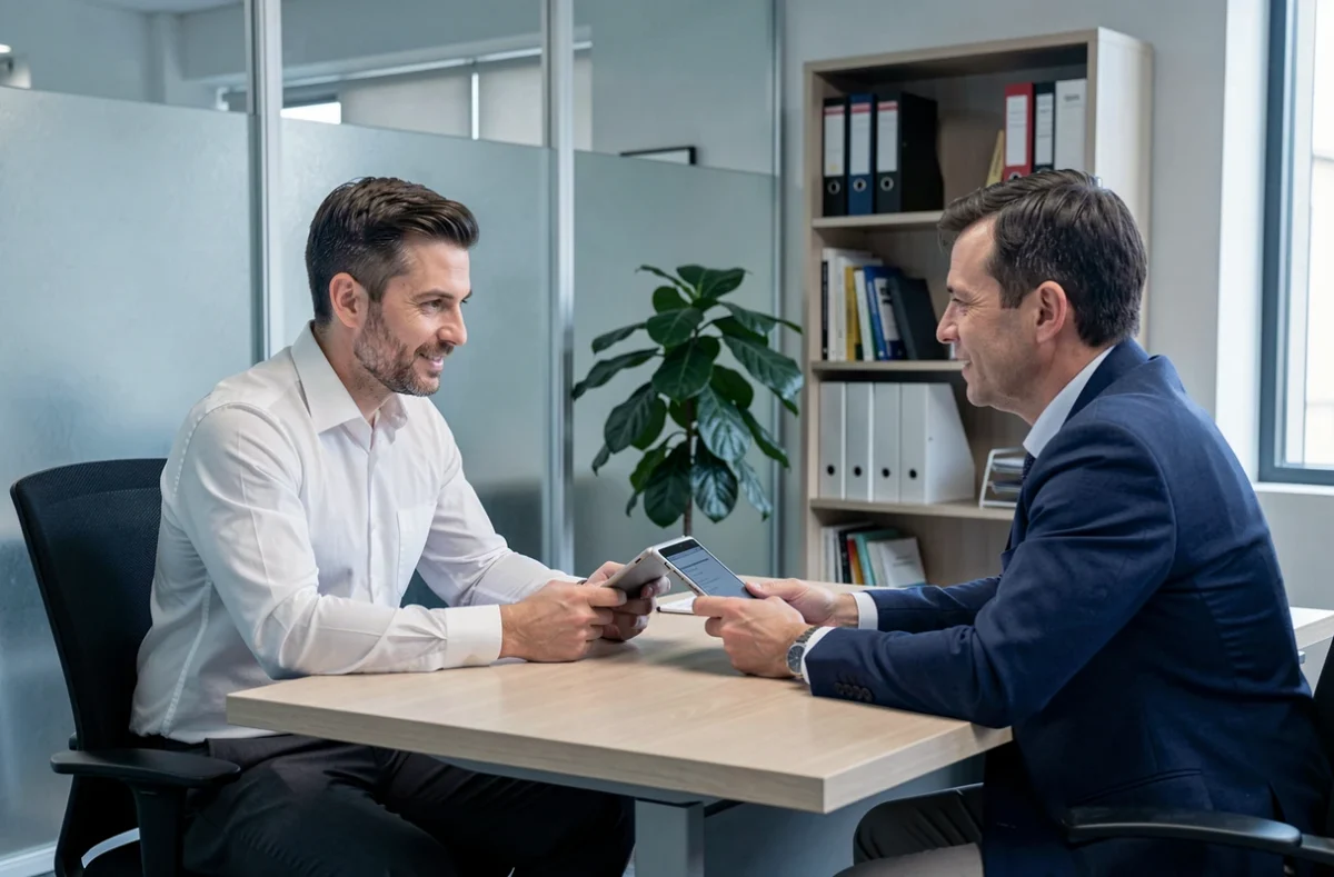 Homme en rendez-vous avec un conseiller mutuelle pour comparer les garanties et les prix