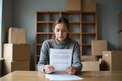Femme lisant un contrat d'assurance auto entourée de cartons de déménagement dans un appartement