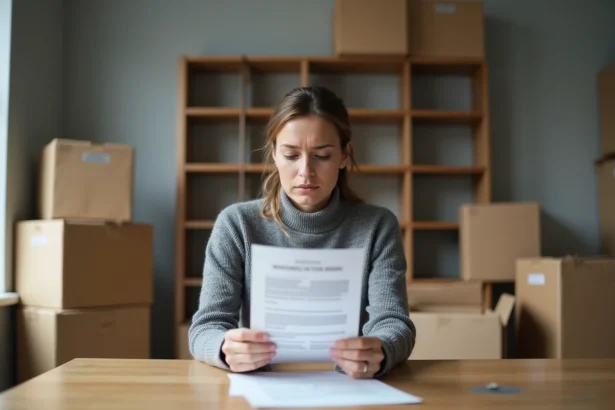 Femme lisant un contrat d'assurance auto entourée de cartons de déménagement dans un appartement