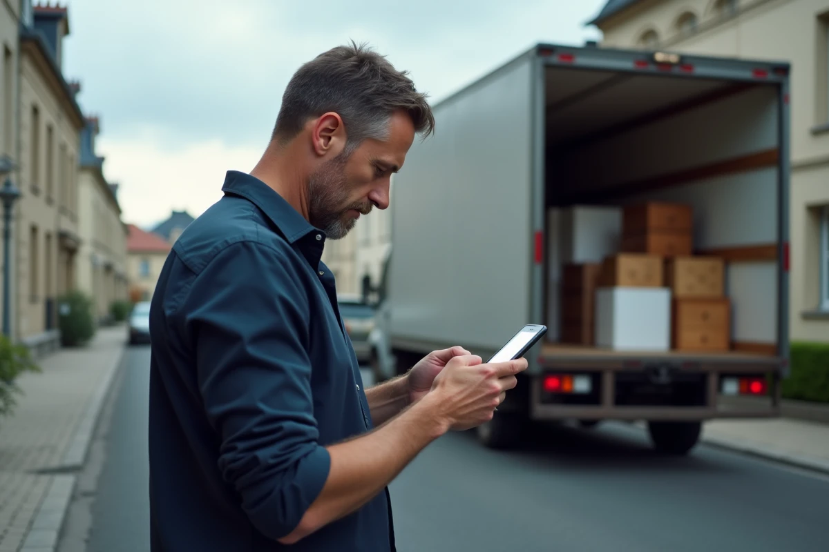 Homme consultant une résiliation d'assurance sur smartphone devant un camion de déménagement
