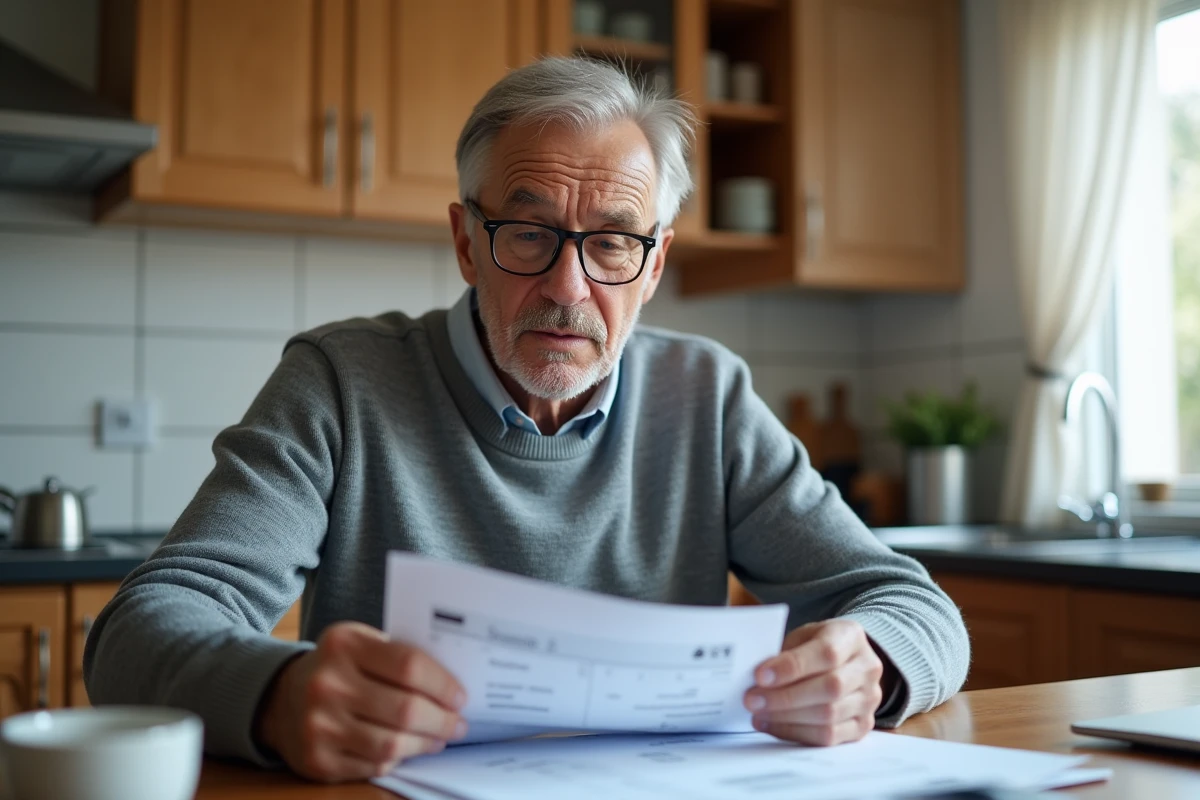Homme retraité examinant seul des documents d'assurance vie à domicile, expression soucieuse et concentrée