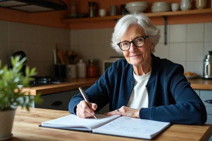 Retraitée consultant son calendrier de paiement de retraite complémentaire 2026 à la table de sa cuisine