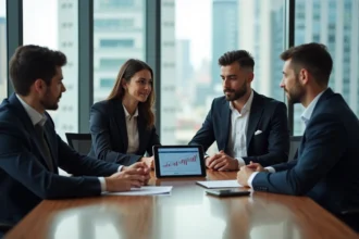 Groupe de professionnels en réunion avec table en bois et écrans de présentation