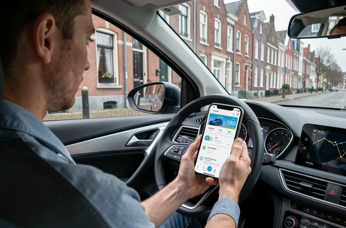 Conducteur utilisant l'application Roole pour gérer son assurance auto connectée dans sa voiture