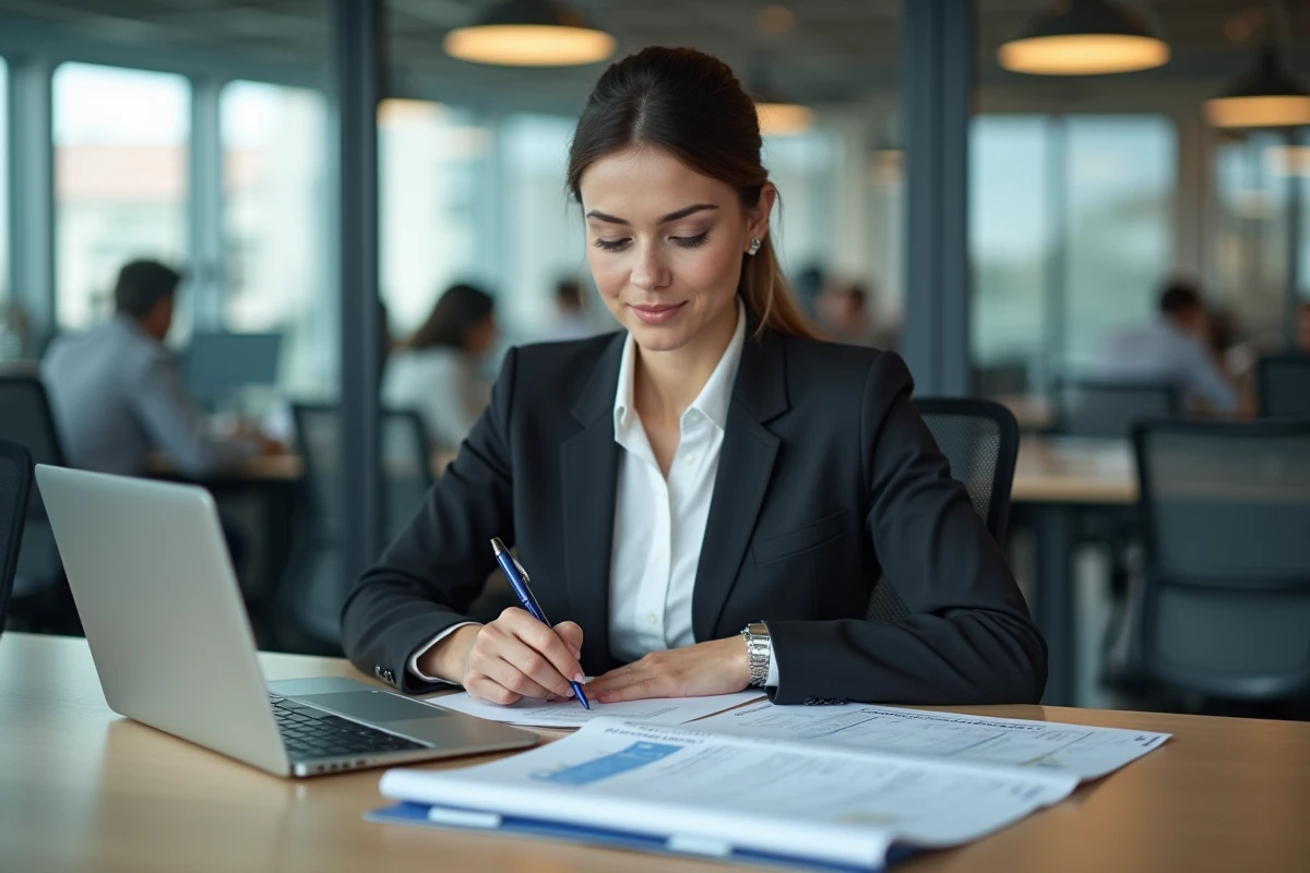 Femme salariée remplissant sa déclaration de frais kilométriques professionnels au bureau en 2026