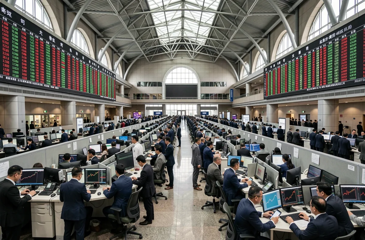 Vue panoramique d'une salle des marchés boursiers animée à Shanghai avec traders et tableaux électroniques de cotations