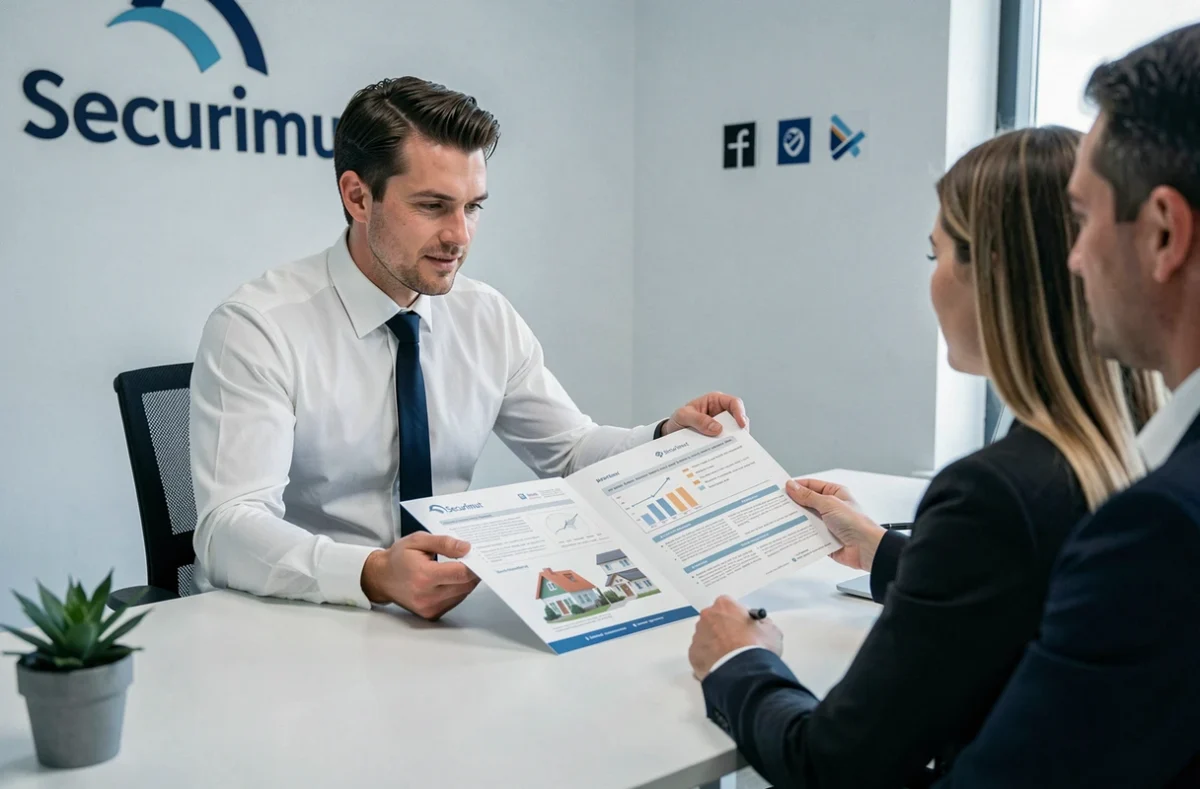 Conseiller Securimut présentant une offre de conseil en crédit et assurance à des clients dans les Deux-Sèvres