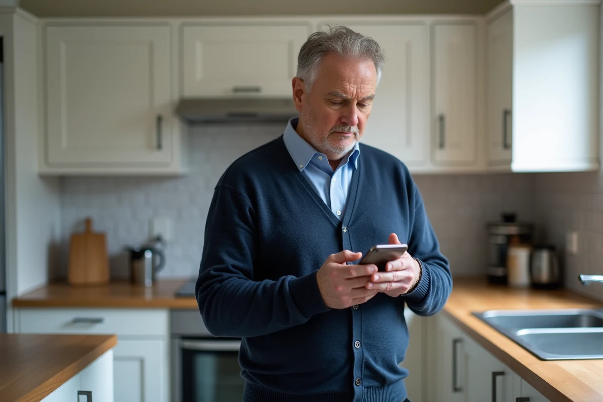 Homme sécurisant son accès bancaire en ligne Filibanque CIC sur smartphone dans une cuisine moderne