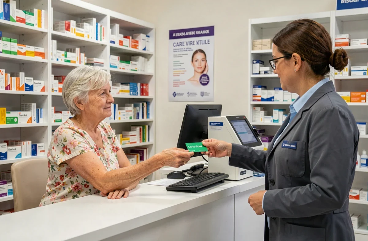 Femme âgée utilisant sa carte de mutuelle santé à la pharmacie pour un remboursement
