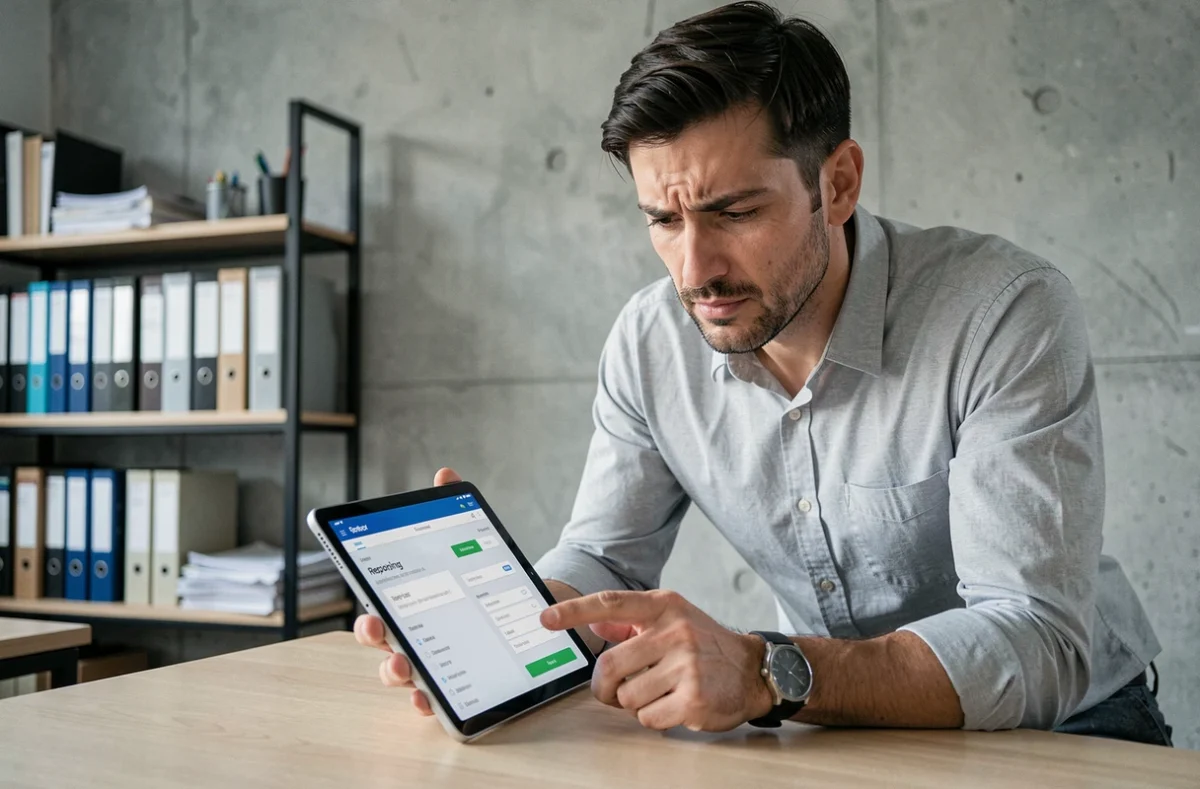 Homme utilisant une tablette pour signaler une erreur dans l'espace professionnel Cofidis Pro