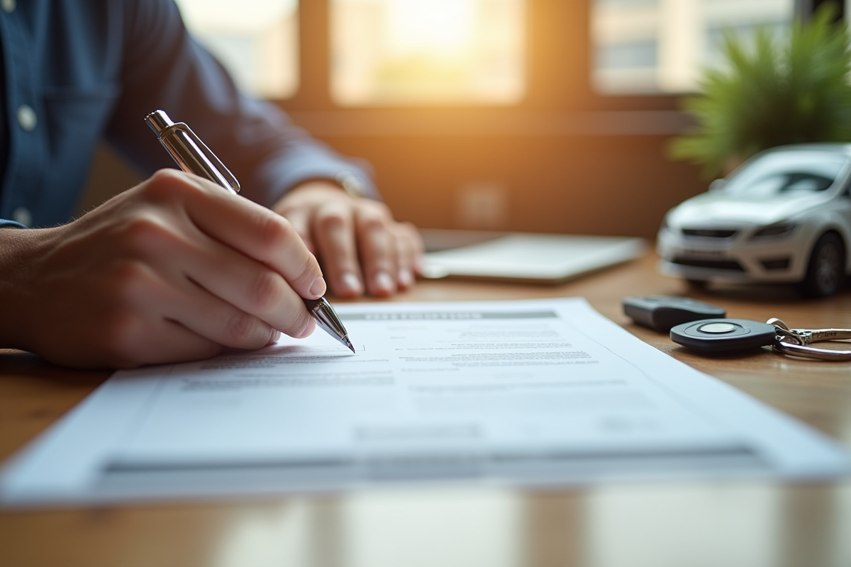 Main signant contrat achat voiture avec clés et jouet