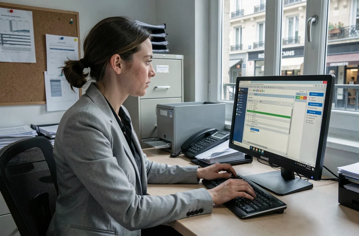 Comptable de Soregor Essonne saisissant des données comptables dans un logiciel spécialisé