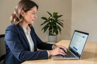 Femme professionnelle souscrivant une assurance RC pro en ligne sur un ordinateur portable dans un bureau à domicile moderne