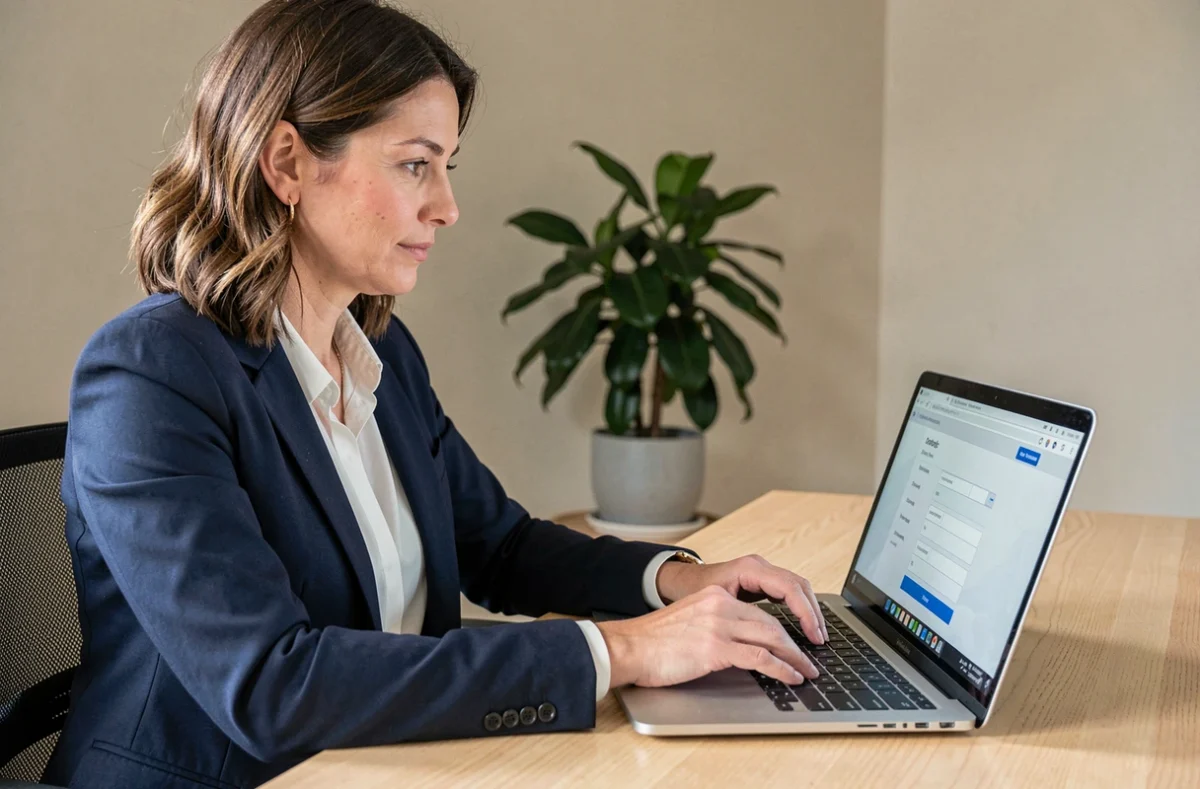 Femme professionnelle souscrivant une assurance RC pro en ligne sur un ordinateur portable dans un bureau à domicile moderne
