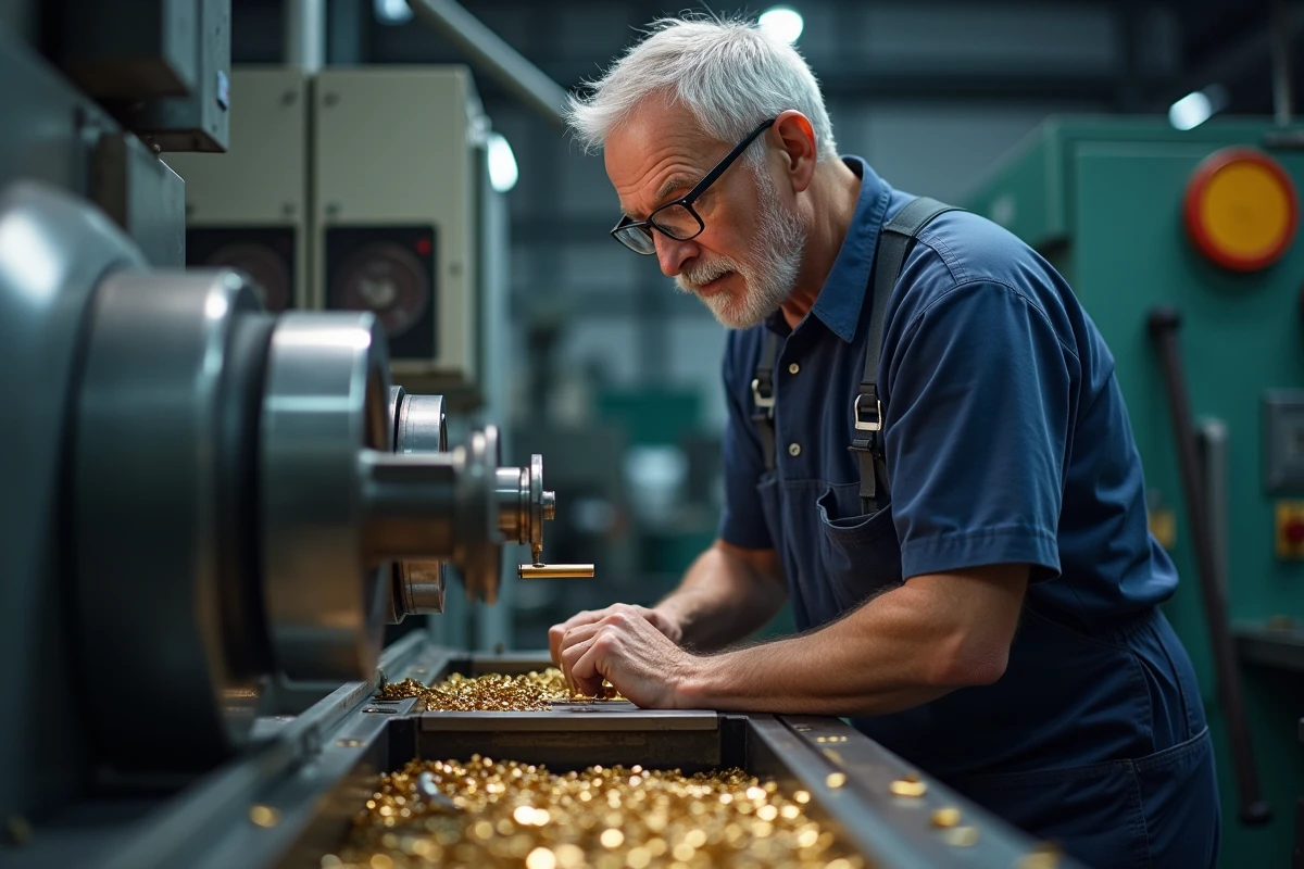 Technicien usinage inspectant une pièce en laiton au pied à coulisse sur un tour CNC avec des tournures de métal visibles