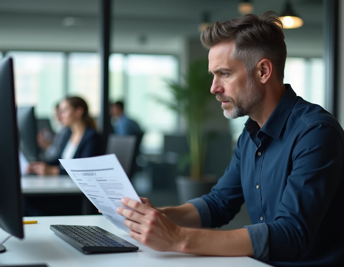Professionnel consultant un document URSSAF et effectuant un télépaiement depuis un ordinateur de bureau en entreprise
