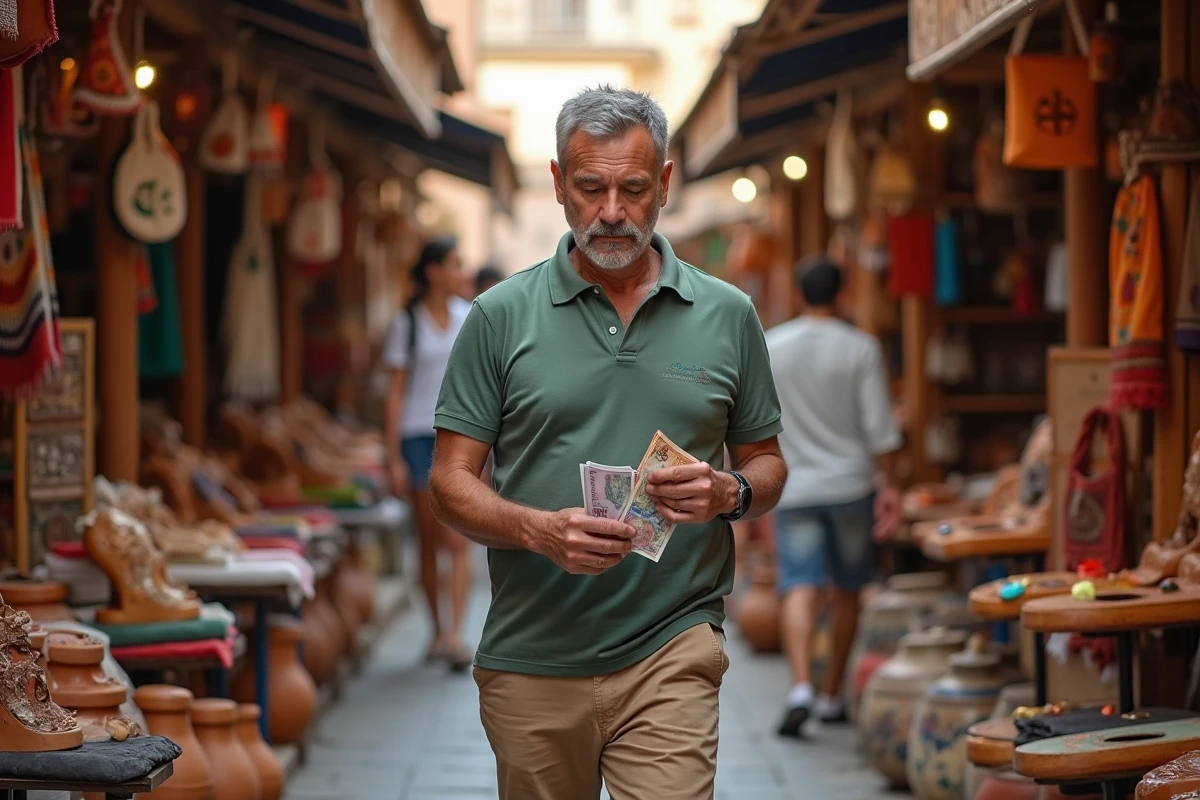 Touriste utilisant des dinars algériens pour acheter de l'artisanat dans un souk algérien