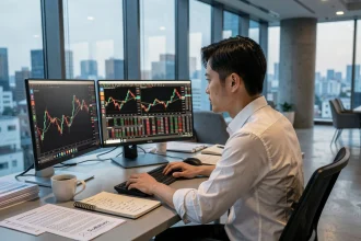 Trader asiatique analysant la volatilité des marchés boursiers sur plusieurs écrans dans un bureau financier de Tokyo à l'aube