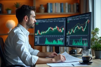 Trader concentré devant ses écrans surveillant les horaires d'ouverture des marchés boursiers depuis son bureau à domicile